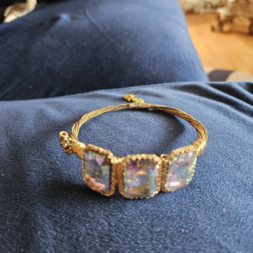 Elegant Vintage Gold and Iridescent Bangle Wire Wrapped Bracelet